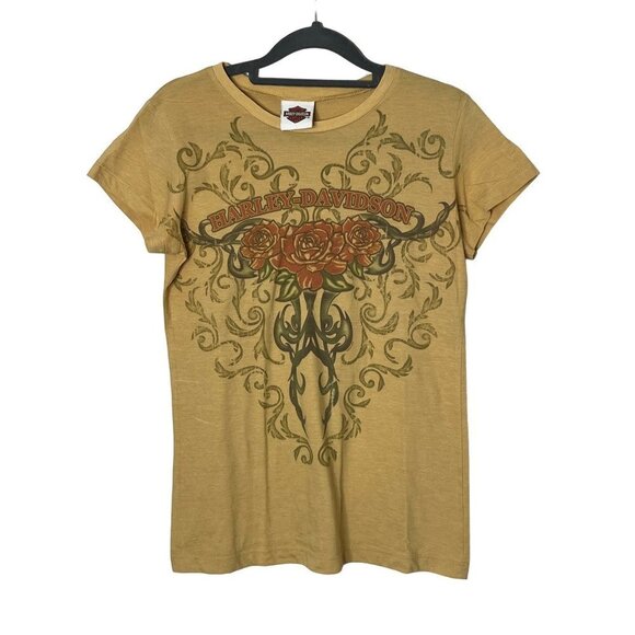Harley Davidson Mustard Yellow Rose‎ Thorn Graphic Tee Shirt Size Large - Picture 3 of 9